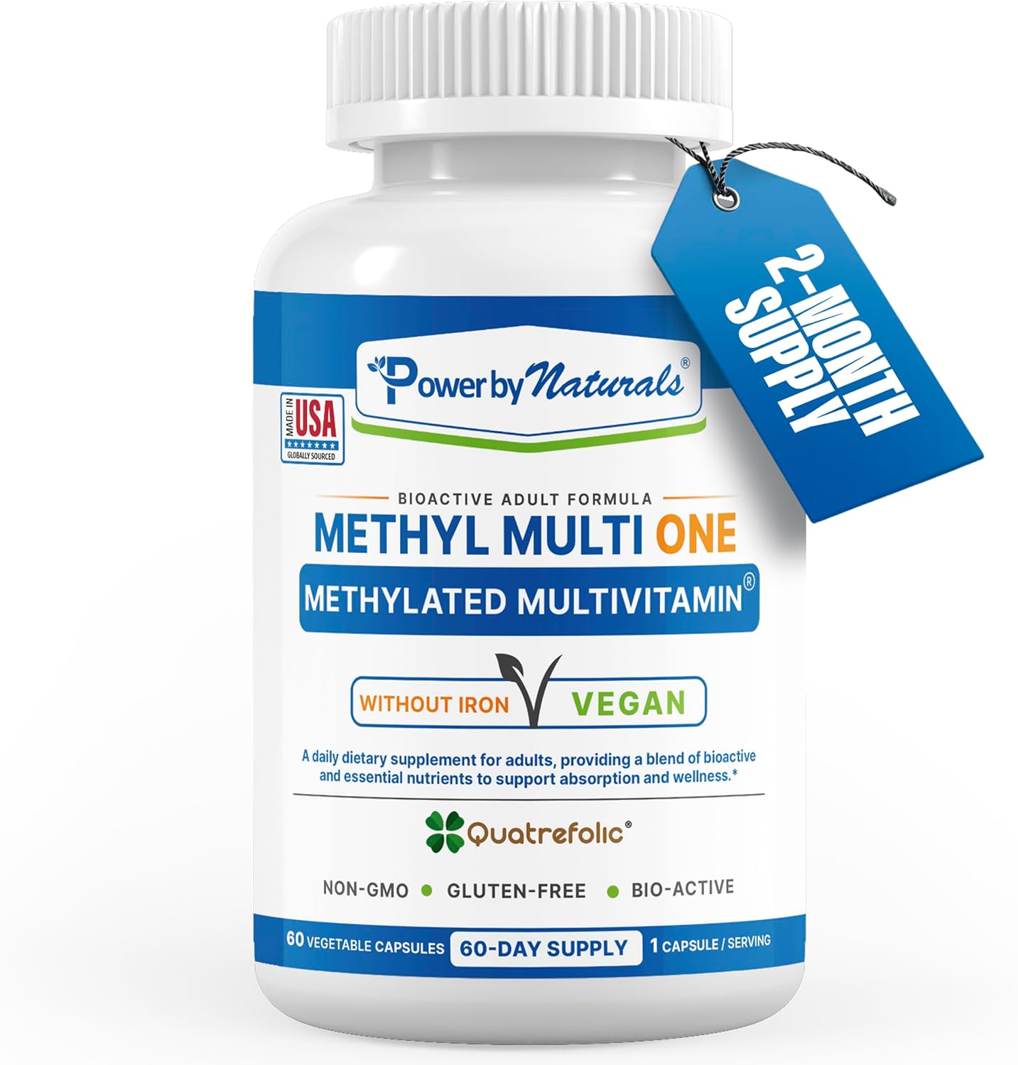 Power By Naturals Methyl Multi One - Iron-Free Methylated Multivitamin With Quatrefolic 5-Mthf, Active B12, P5P, Coq10 & Zinc For Mthfr Support - Energy & Focus Formula - 60 Capsules (2-Month Supply)