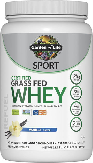 Garden Of Life Sport Whey Protein Powder Vanilla., Premium Grass Fed Whey Protein Isolate Plus Probiotics For Immune System Health, 24G Protein, Non Gmo, Gluten Free., Cold Processed - 20 Servings