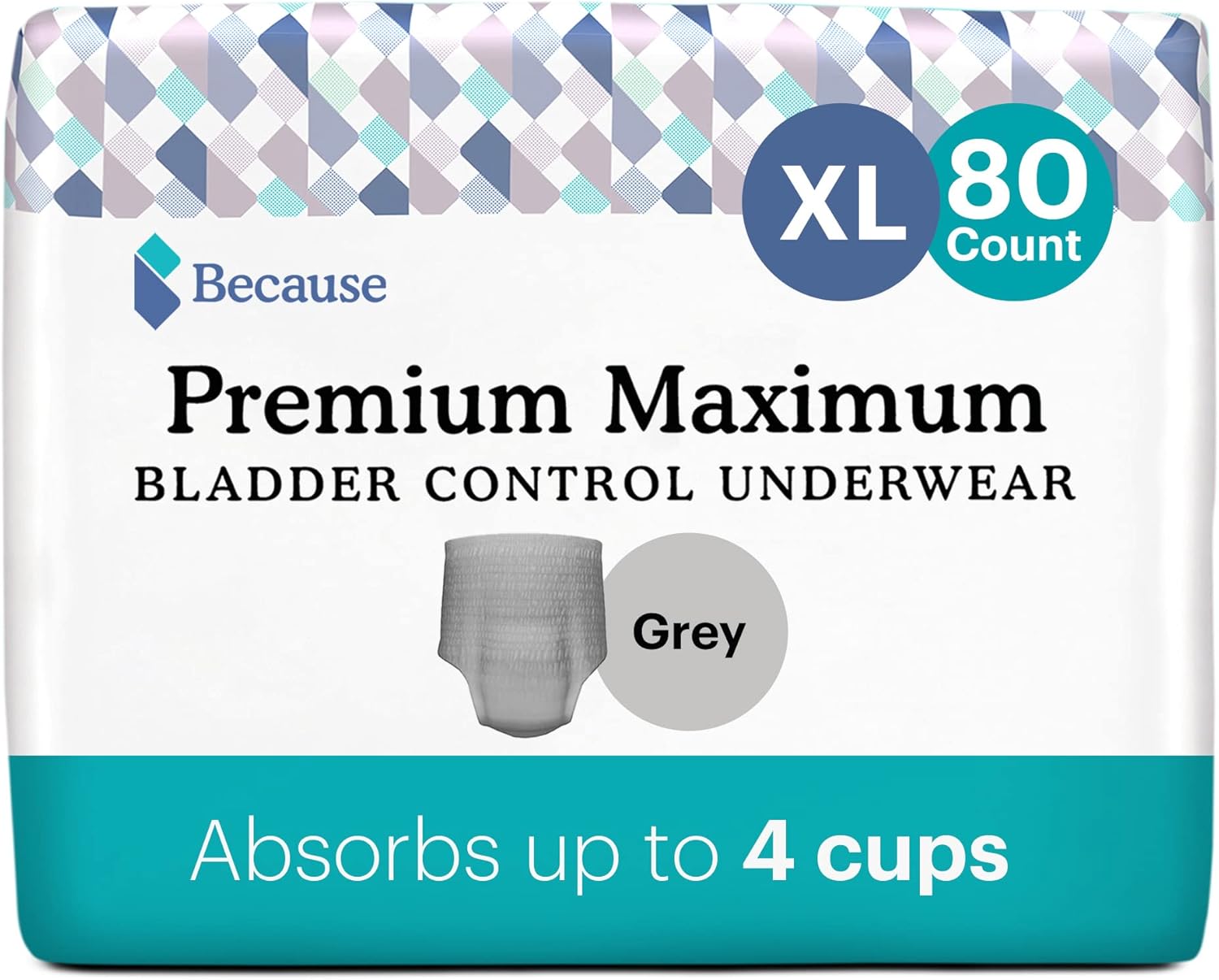 Because Premium Maximum Incontinence Underwear For Men - Heavy Bladder Leak Protection, Ideal For Overnight Leakage, Sleek, Invisible Fit, Grey, Xlarge - Absorbs 4 Cups - 80 Count (4 Packs Of 20)