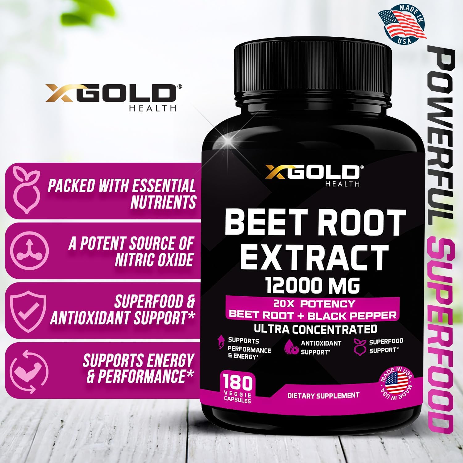 Beet Root Extract Capsules - 12000mg 20x Concentrated Beet Root Capsules Supplement w/Black Pepper - High Nitrates - Natural Nitric Oxide Booster - Highly Concentrated & Bioavailable -180 Veggie Caps : Health & Household