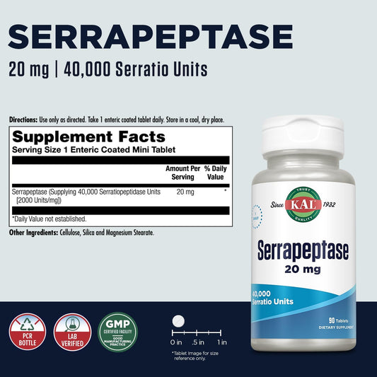 Kal Serrapeptase 20 Mg - Proteolytic Digestive Enzymes For Digestive Health Support - 40,000 Serratio Units - Enteric Coated -60-Day Guarantee - 90 Servings, 90 Tablets