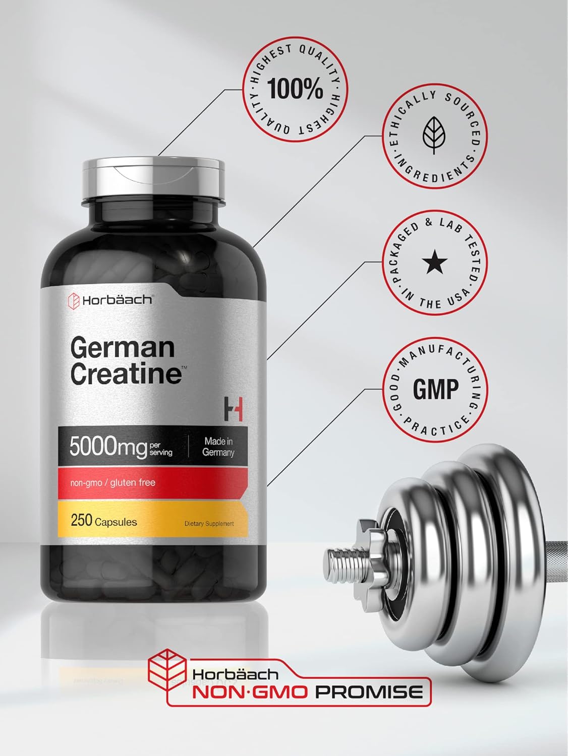 Horbäach German Creatine Monohydrate 5000mg | 250 Capsules | Non-GMO, Gluten Free Supplement : Health & Household