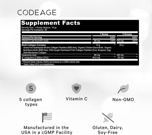 Codeage Multi Collagen Peptides + Probiotics Black Edition, Vitamin C, Hyaluronic Acid Powder Supplement, Grass-Fed, Pasture-Raised, Hydrolyzed, Zero Carbs, Type I, Ii, Iii, V & X, Unflavored, 10.58Oz