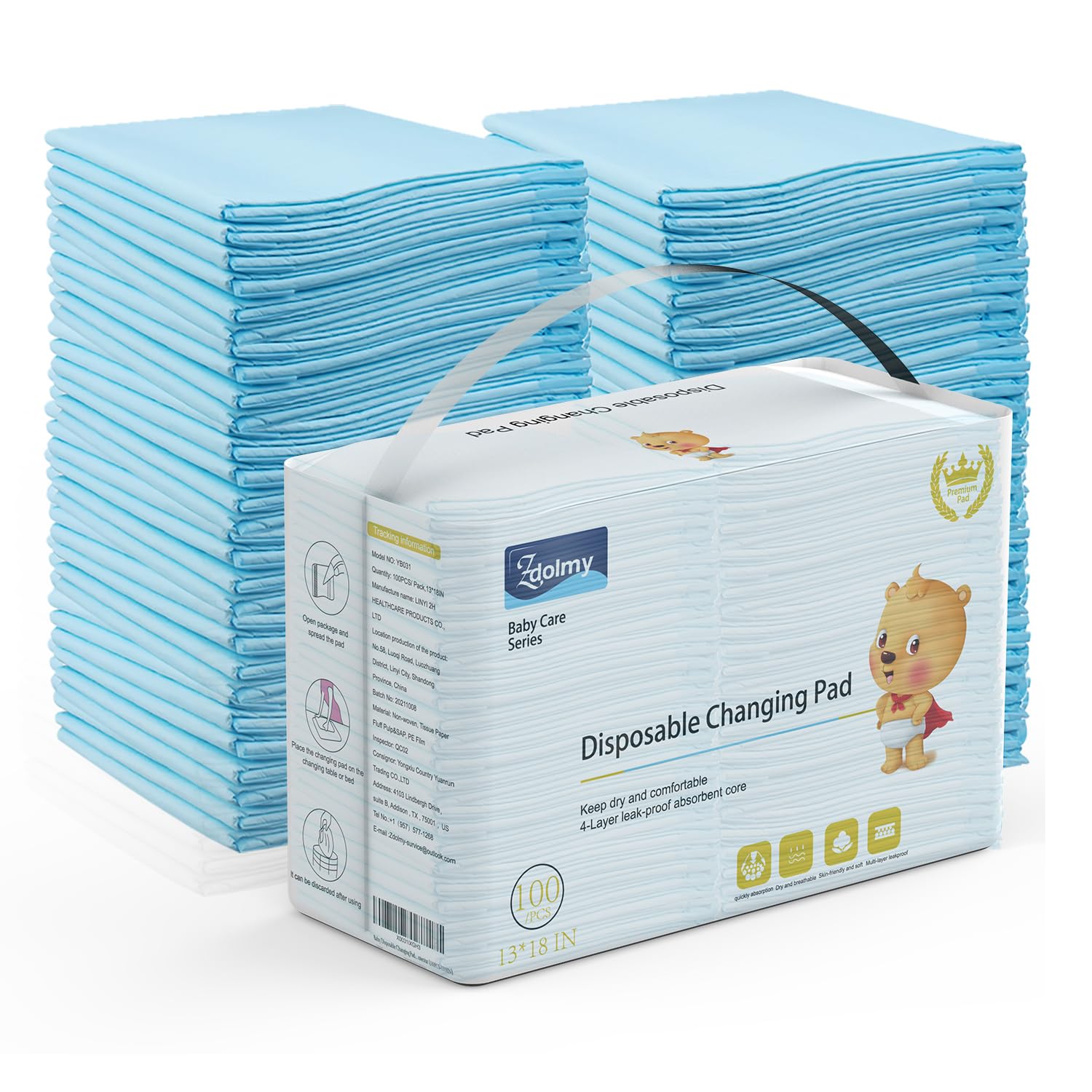 Zdolmy 100 Pack Baby Disposable Changing Pads, Disposable Underpads Waterproof Diaper Changing Pad, Super Soft, Ultra Absorbent & Waterproof, Breathable Underpads Bed Table Protector Mat