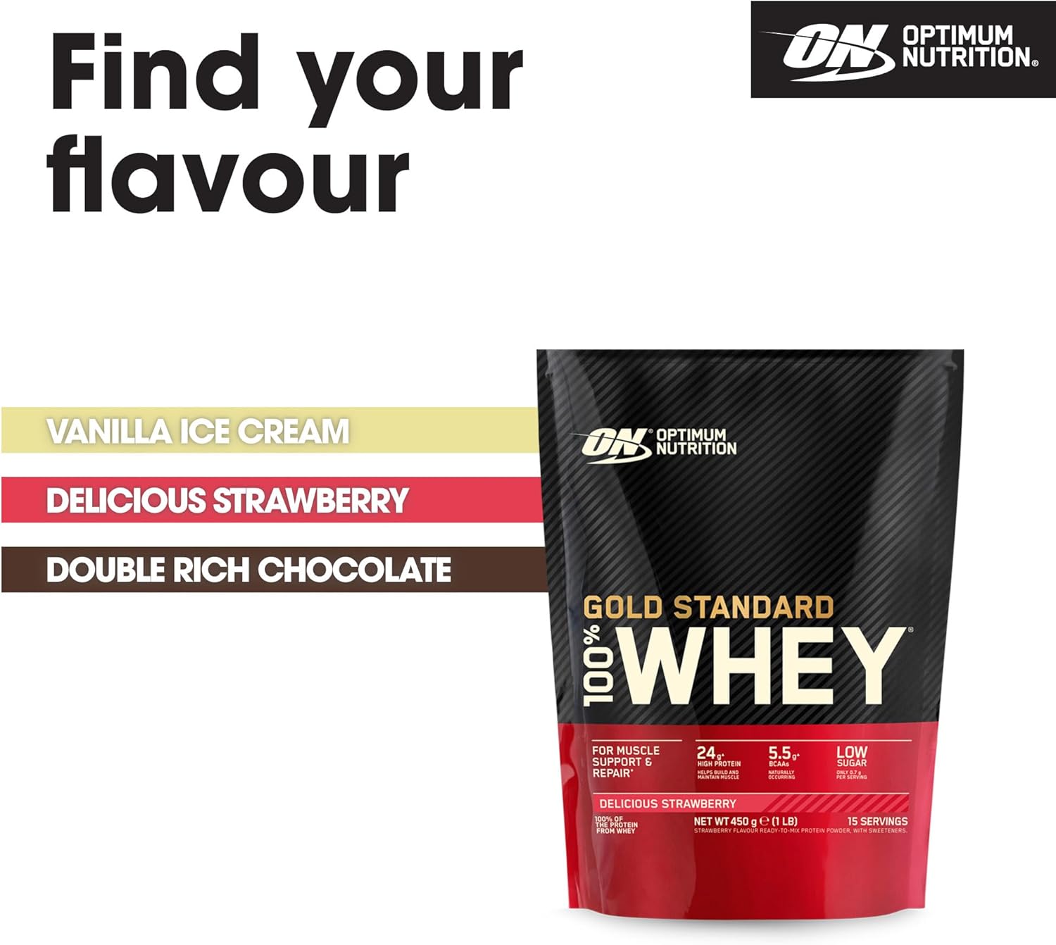 Optimum Nutrition Gold Standard 100% Whey Muscle Building and Recovery Protein Powder With Naturally Occurring Glutamine and BCAA Amino Acids, Vanilla Ice Cream Flavour, 15 Servings, 450 g : Amazon.co.uk: Health & Personal Care