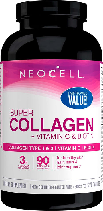 NeoCell Super Collagen Peptides + Vitamin C & Biotin, 3g Collagen Per Serving, Gluten Free, Promotes Healthy Hair, Beautiful Skin, and Nail Support, Dietary Supplement, 270 Tablets