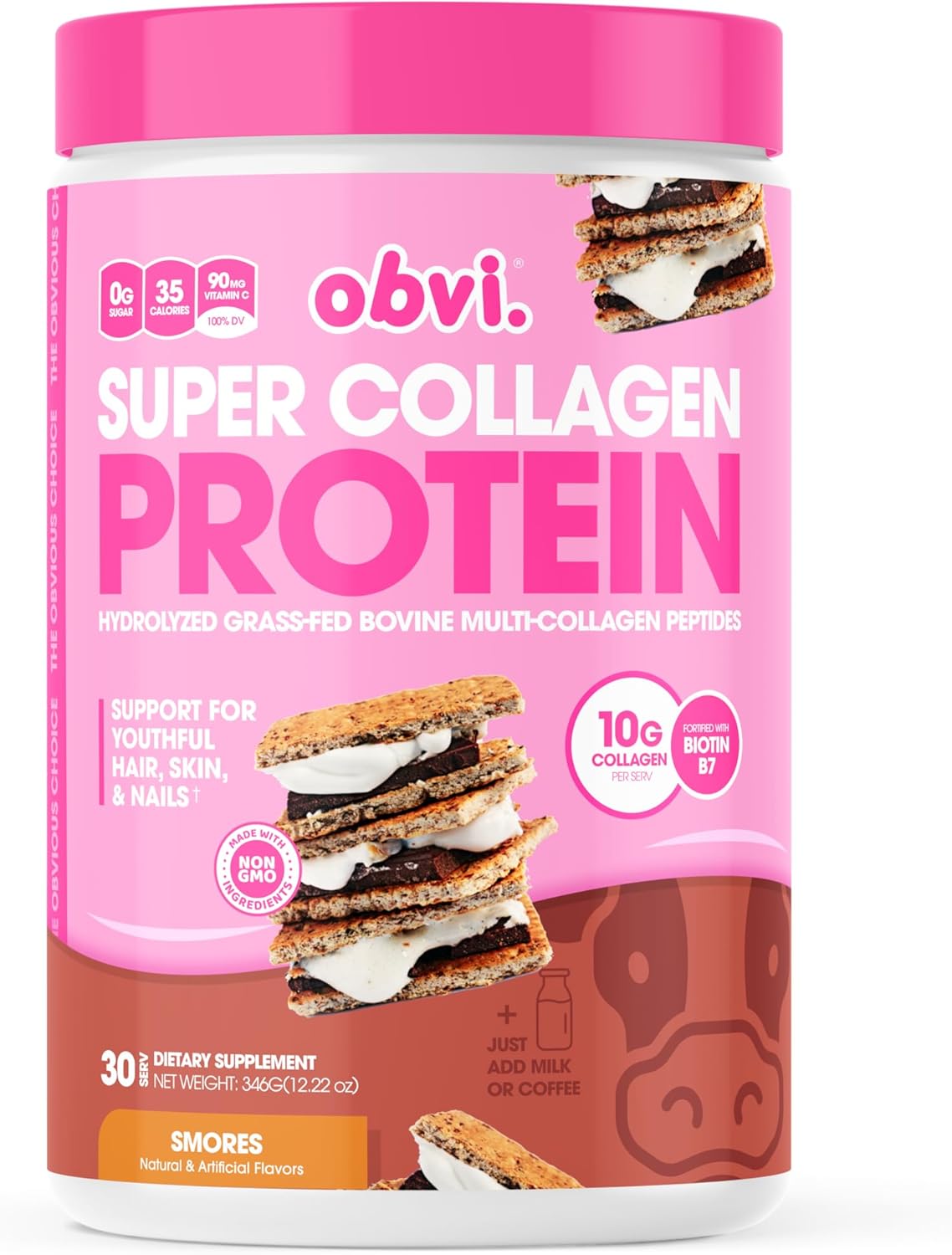 Obvi Collagen Peptides Protein Powder | Supports Gut Health, Healthy Hair, Skin, Nails With Biotin & Vitamins | Hydrolyzed Grass-Fed Bovine | No Sugar, Gluten-Free | 30 Servings, Smores