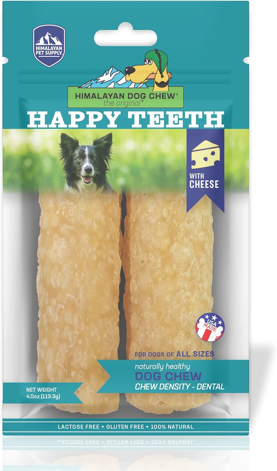 Himalayan Dog Chew Happy Teeth Yak Cheese Dog Chews Dental Chews, 100% Natural, Long Lasting, Gluten Free, Healthy & Safe Dog Treats for Oral Health, Lactose & Grain Free, Protein Rich, 2 Chews