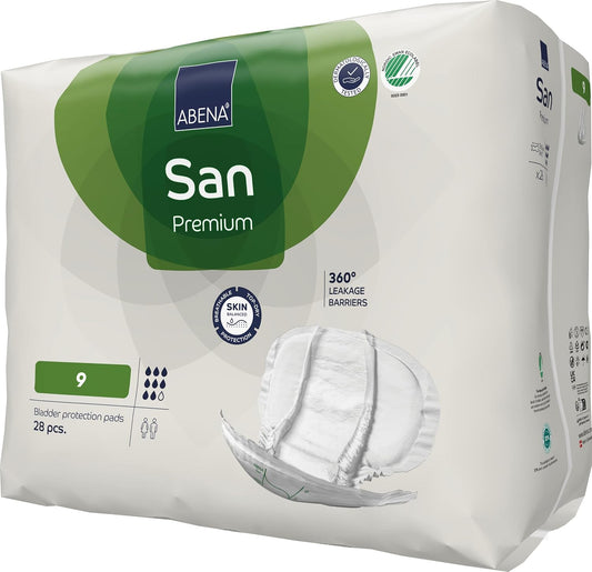 ABENA San Premium Mens & Womens Incontinence Pads, Breathable & Comfortable, Fast Absorption, Discreet & Effective Shaped Incontinence Pads for Men/Women - Premium 9, 2400ml Absorbency, 28PK