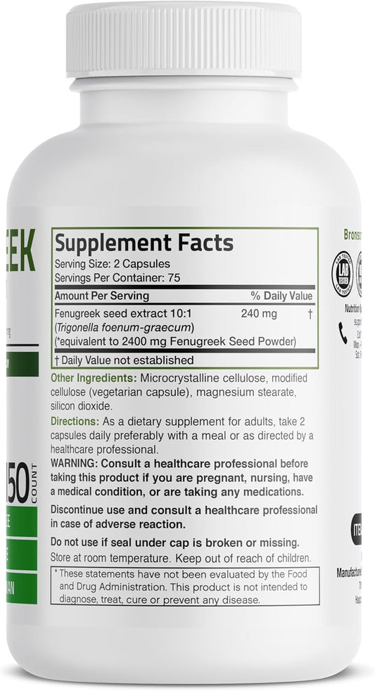 Bronson Fenugreek Seed Powder Capsules Extra Strength, Trigonella Foenum-Graecum, Non-Gmo, Soy-Free, Vegetarian, 150 Capsules