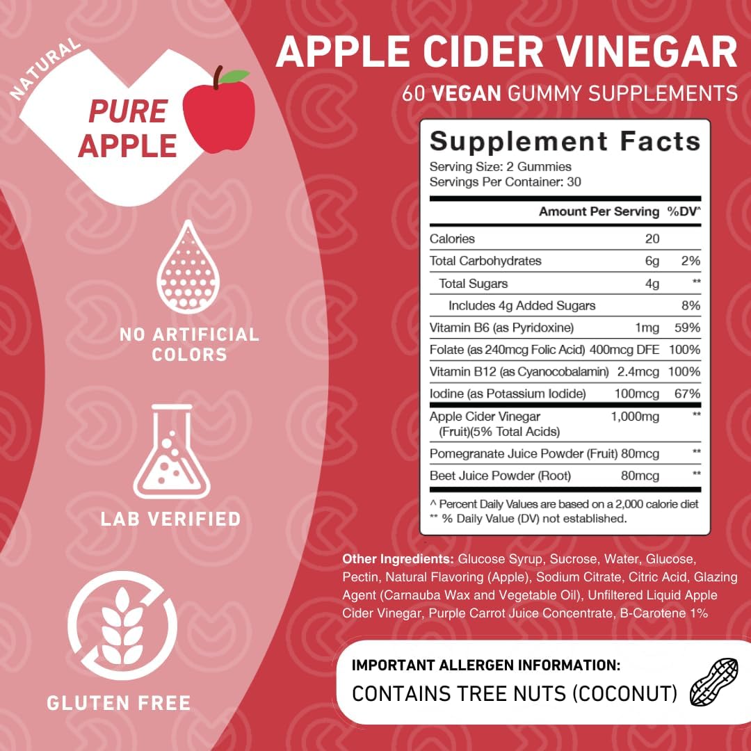 PUREFINITY Apple Cider Vinegar Gummies – Raw, Natural, Unfiltered ACV from The Mother Supporting Detox, Cleanse & Immunity – Non-GMO, Gluten Free, Vegan – 60 Gummies : Grocery & Gourmet Food