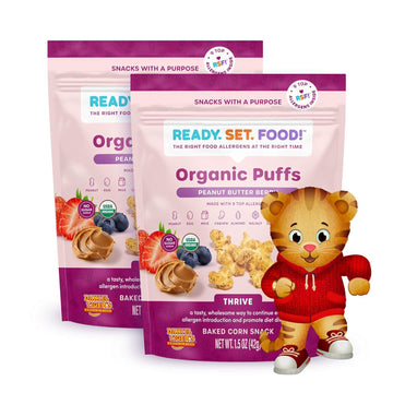 Ready Set Food Organic Puffs – Early Allergen Introduction Snack Puffs w/ 9 Top Allergens: Organic Peanuts, Cashew, Egg & More, No Added Sugar, Babies 8+ Months (Daniel Tiger Peanut Butter Berry, 2 Pack)