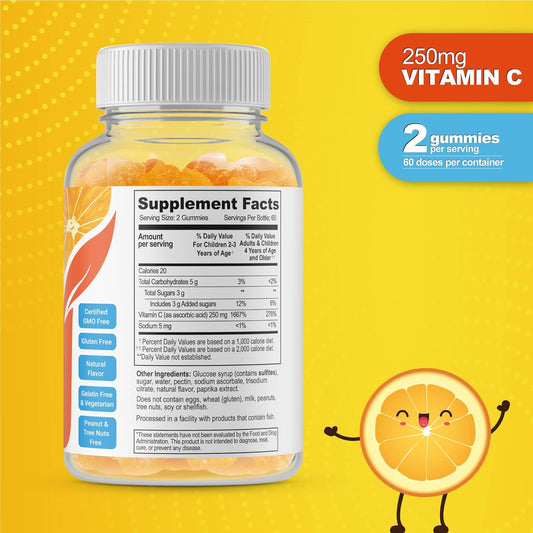 Doctor'S Finest Vitamin C Gummies For Kids - Vegan, Gmo Free & Gluten Free - Great Tasting Orange Flavor Pectin Chews - Kids Dietary Supplement - 250 Mg Of Vitamin C - 120 Jellies [60 Doses]