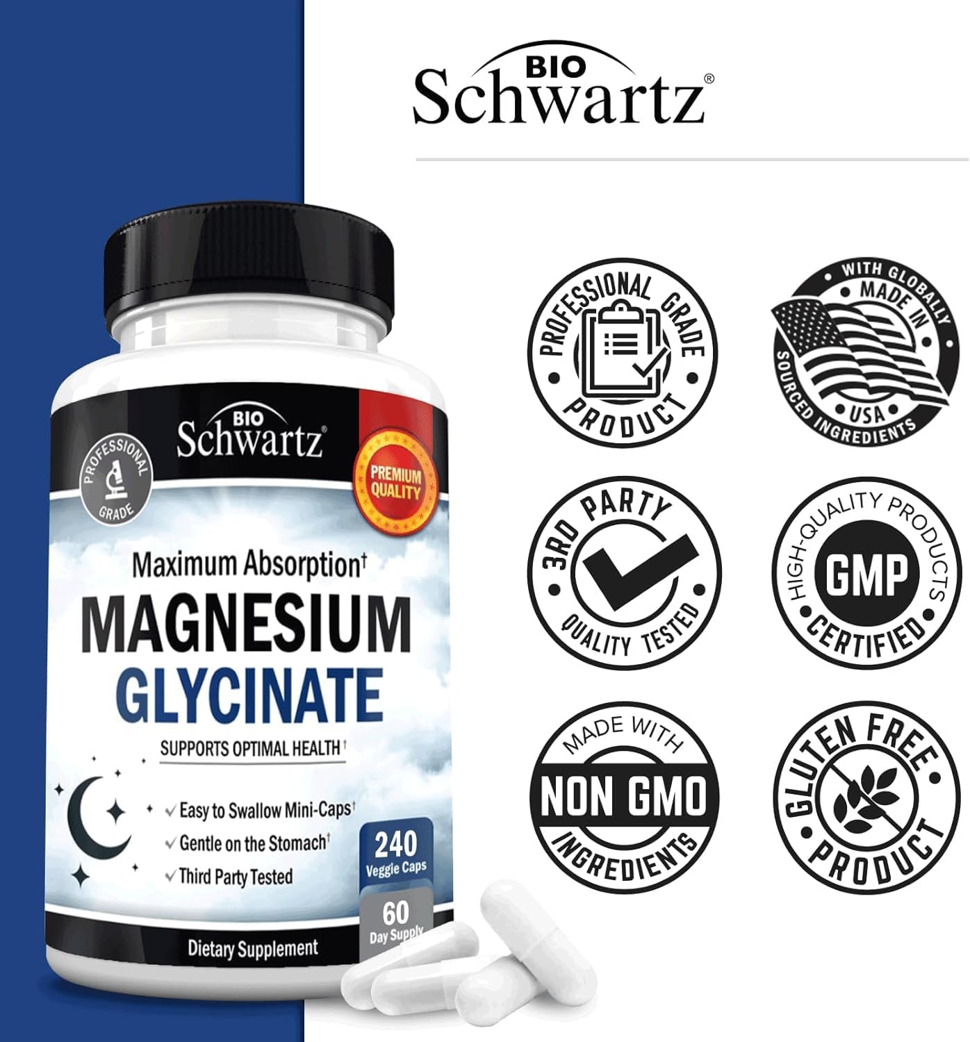 Magnesium Glycinate 500mg Capsules (240 Mini Caps) Maximum Absorption Magnesium Supplement for Nerves Muscles Heart Mood and Sleep Support (Vegan Safe with No Gluten, Soy or GMOs) by BioSchwartz : Health & Household