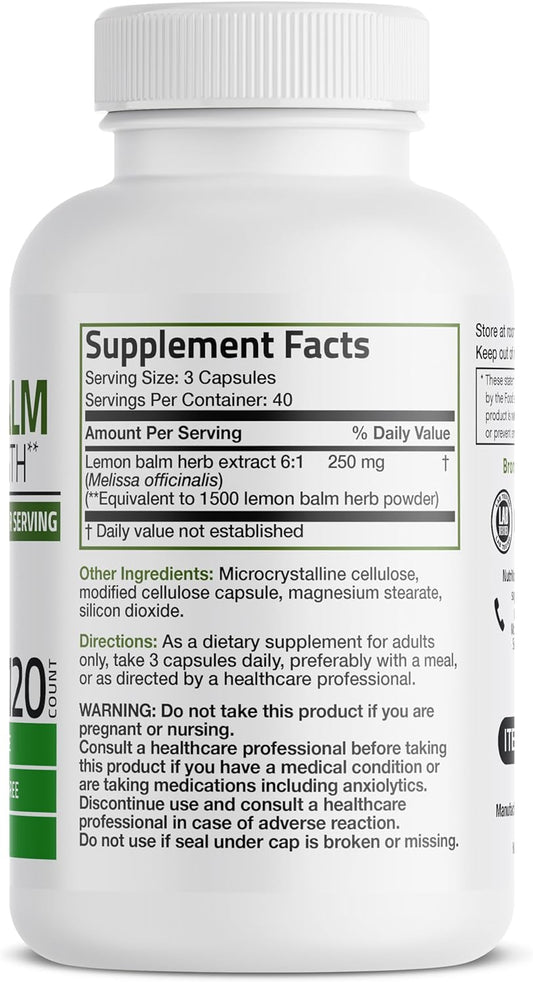Bronson Melissa Lemon Balm Extra Strength, Non-Gmo, 120 Vegetarian Capsules