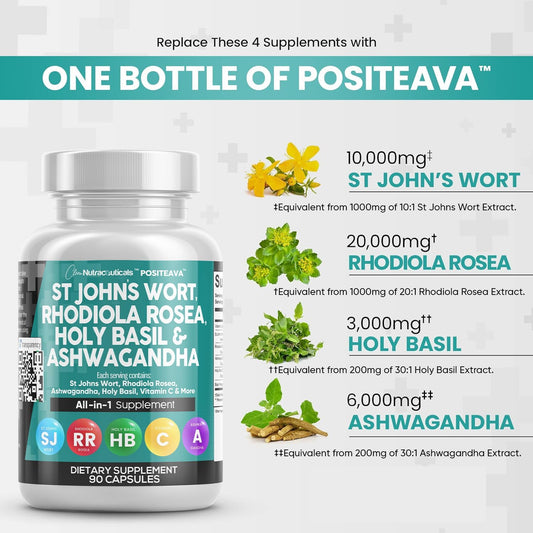 Clean Nutraceuticals St Johns Wort 10000Mg Rhodiola Rosea 20000Mg Holy Basil 3000Mg Ashwagandha 6000Mg - Mood Support For Women And Men With Vitamin C & Black Pepper Extract - 90 Caps