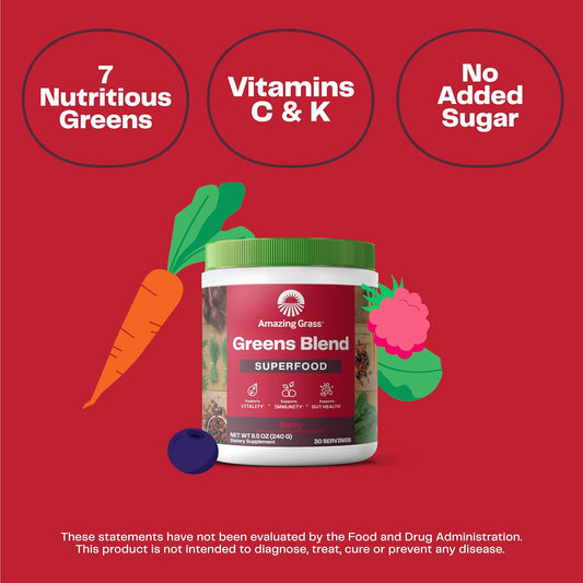 Amazing Grass Greens Superfood Powder: Greens Powder With Digestive Enzymes & Probiotics, Organic Spirulina, Chlorella, And Beet Root Powder, Berry, 30 Servings (Packaging May Vary)