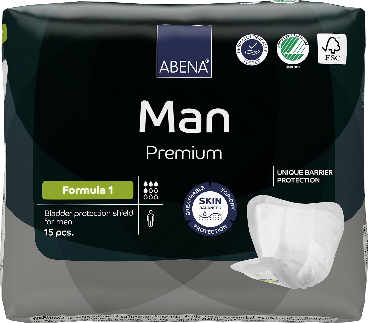 Abena Man Formula 1 Incontinence Pads for Men, Eco-Labelled Mens Incontinence Pads, Extra Protection, Breathable & Comfortable with Fast Absorption, Discreet - 450ml Absorbency, 15PK