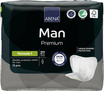 Abena Man Formula 1 Incontinence Pads for Men, Eco-Labelled Mens Incontinence Pads, Extra Protection, Breathable & Comfortable with Fast Absorption, Discreet - 450ml Absorbency, 15PK