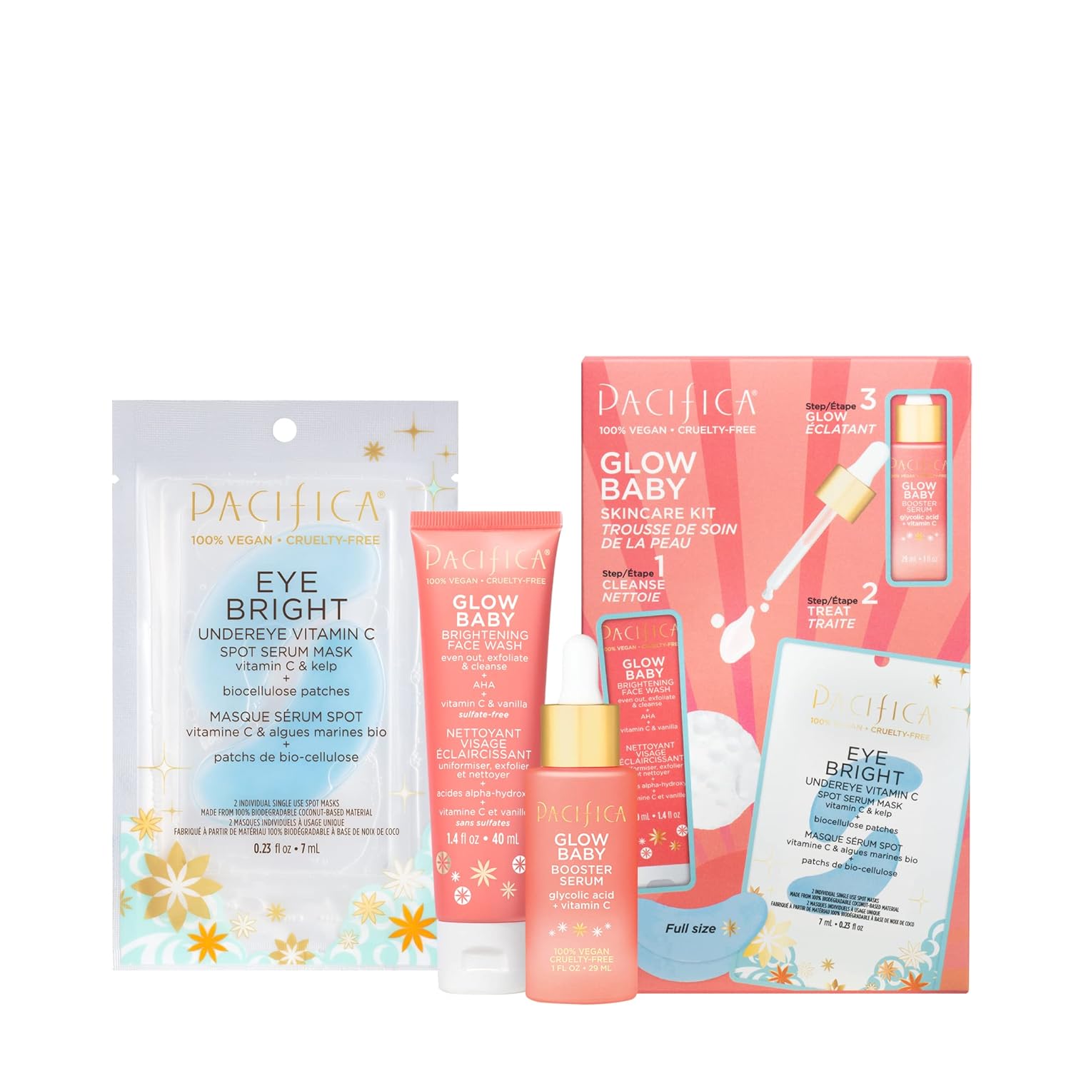 Pacifica Beauty | Glow Baby Vitamin C Trial + Value Kit | 3-Piece Skin Care Gift Set | Travel Friendly | Brightening Face Serum, Face Wash/Cleanser, Under Eye Patches | Glycolic Acid, Aha | Vegan