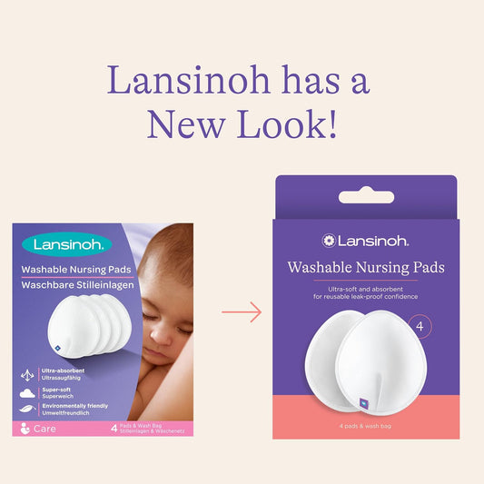 Lansinoh Reusable Nursing Pads, Nursing Essentials For Breastfeeding Mothers, 4 Absorbent Nursing Pads With Mesh Wash Bag, White Pads