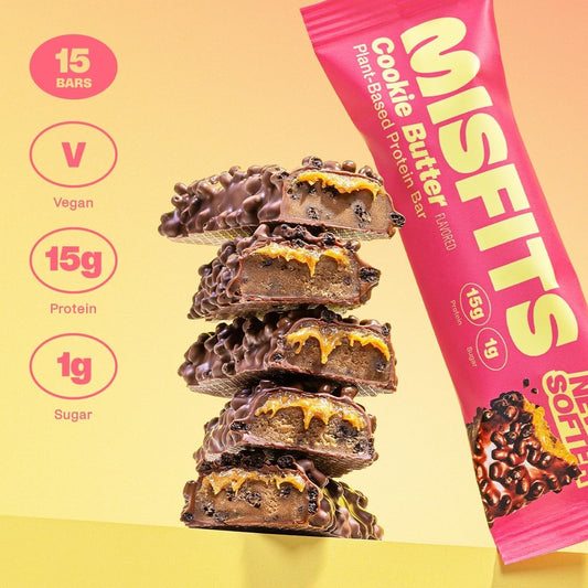 Misfits Vegan Protein Bar, Cookie Butter (Speculoos), Plant Based Chocolate Protein Bars, High Protein Snacks With 15G Protein Per Bar, Low Carb, 1G Sugar, High Fibre, Healthy Snack, 15 X 50G Pack