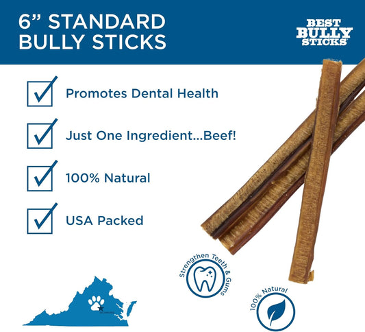 Best Bully Sticks 6 Inch All-Natural Bully Sticks for Dogs - 6” Fully Digestible, 100% Grass-Fed Beef, Grain and Rawhide Free | 50 Pack