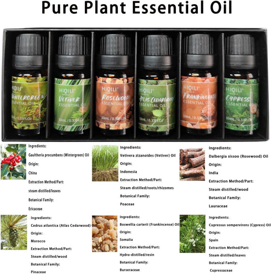 HIQILI 100% Pure Woodsy Essential Oil Set, 6x10ml, Cedarwood, Wintergreen, Frankincense, Vetiver, Rosewood, Cypress - Aromatherapy, Massage, Skin Beauty, Perfume, Gifts