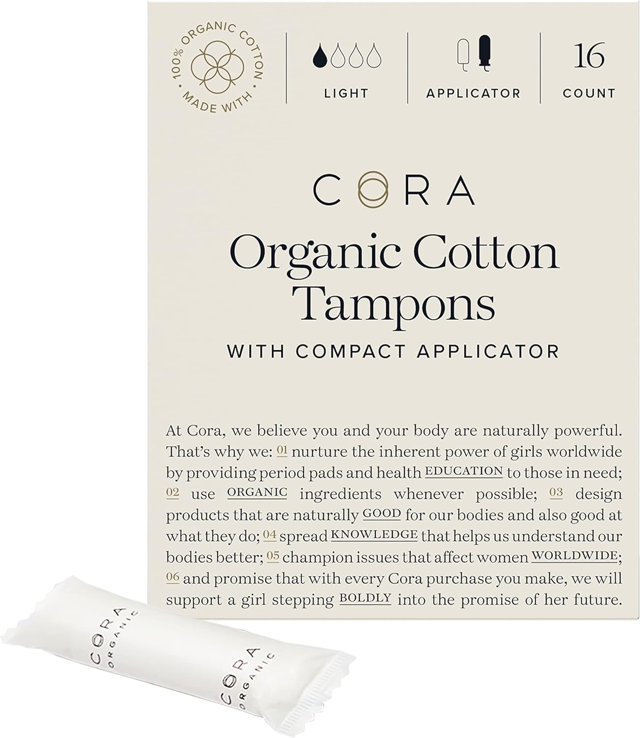 Cora Organic Applicator Tampons | Light Absorbency | 100% Cotton Core, Unscented, BPA-Free Compact Applicator | Leak Protection, Easy Insertion, Non-Toxic | Packaging May Vary (16 Count)