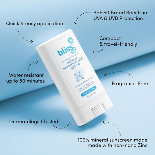 Bliss Baby Mineral Sunscreen Stick Spf 50, Natural Zinc Oxide, Fragrance-Free, Hypoallergenic & Dermatologist Tested, Water-Resistant, Vegan, Sensitive Skin - For Babies, Kids & Whole Family