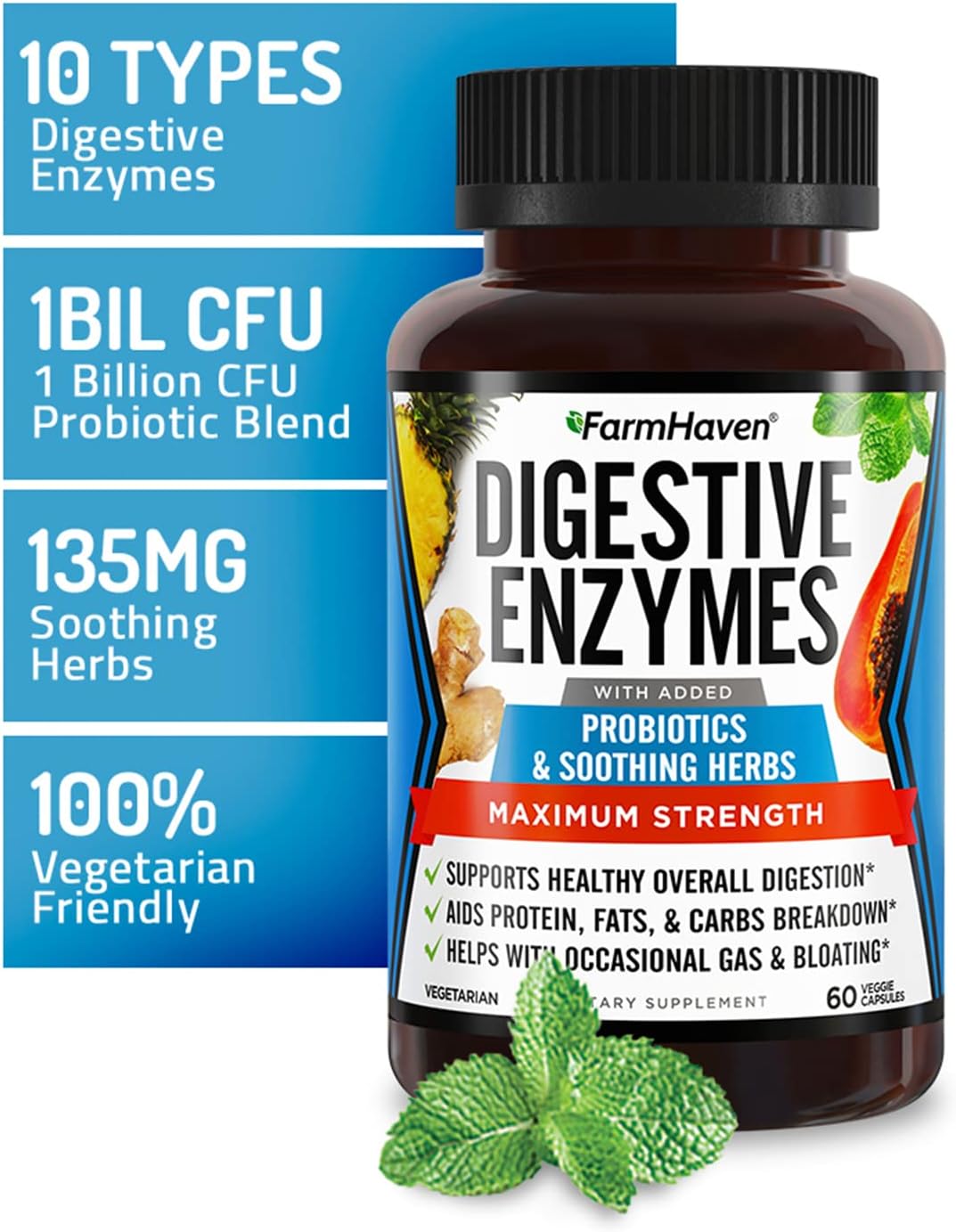 FarmHaven Digestive Enzymes with 18 Probiotics & Herbs | Papaya, Bromelain, Protease & More for Lactose Absorption & Better Digestion | Helps Bloating, Gas, Constipation | Vegetarian, 60 Capsules : Health & Household