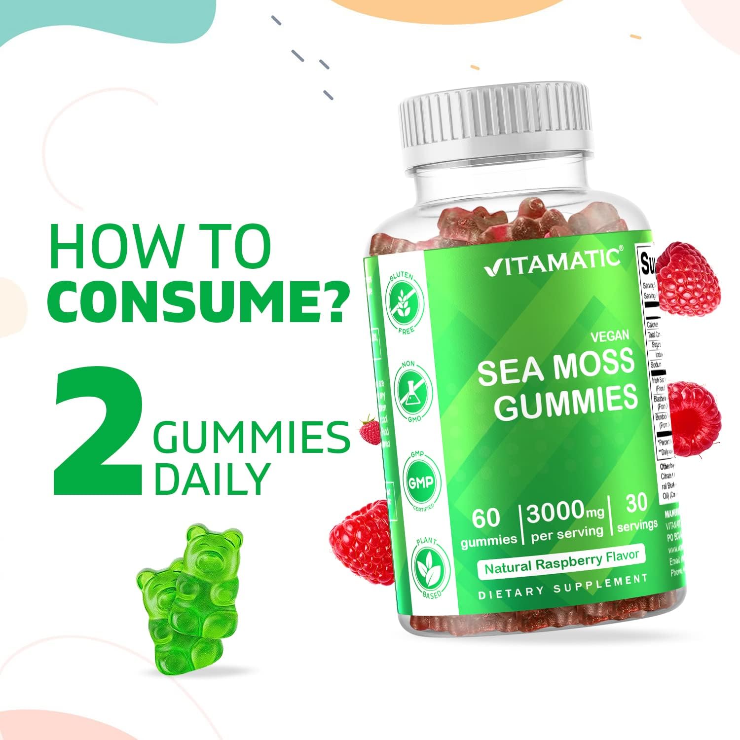Vitamatic Irish Sea Moss Gummies - 3000 mg - 60 Vegan Gummies - Made with Bladderwrack & Burdock Root - Seamoss Supplement for Thyroid, Energy, Immune Support (60 Gummies (Pack of 1)) : Health & Household