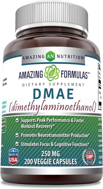 Amazing Formulas Dmae (Dimethylaminoethanol) 250Mg Veggie Capsules -Supports Performance & Faster Workout Recovery* -Stimulates Focus & Cognitive Functions* (200 Count)