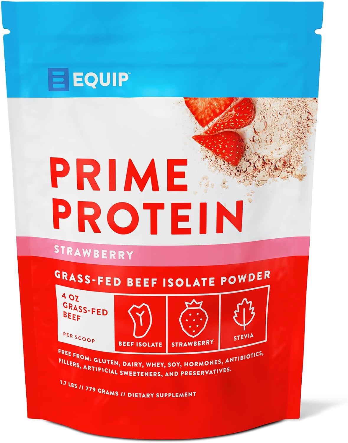 Equip Foods Prime Protein - Grass-Fed Beef Protein Powder Isolate -Paleo And Keto Friendly, Gluten Free Carnivore Protein Powder - Strawberry, 1.7 Pounds - Helps Build And Repair Tissue