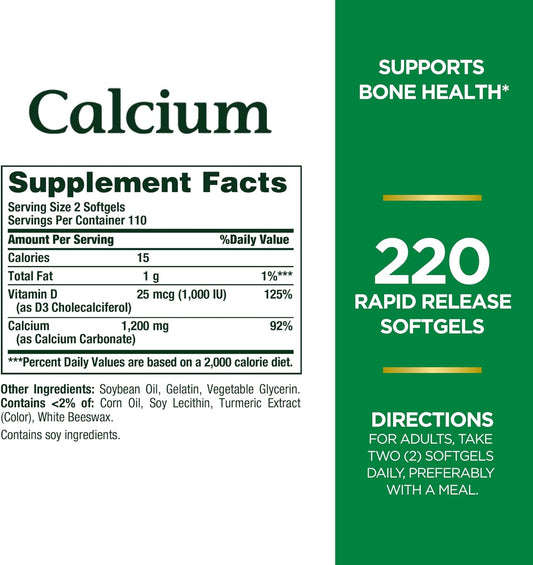 Nature's Bounty Calcium 1200 mg With Vitamin D3, Bone Health & Immune Support, 1000 IU, 220 Softgels