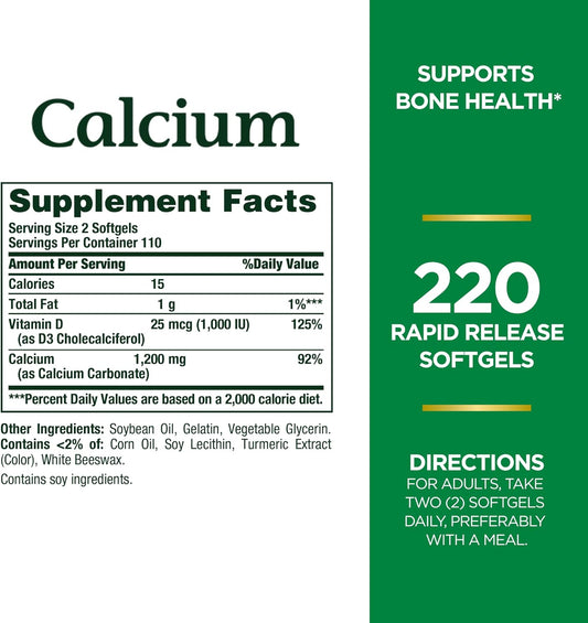 Nature'S Bounty Calcium 1200 Mg With Vitamin D3, Bone Health & Immune Support, 1000 Iu, 220 Softgels