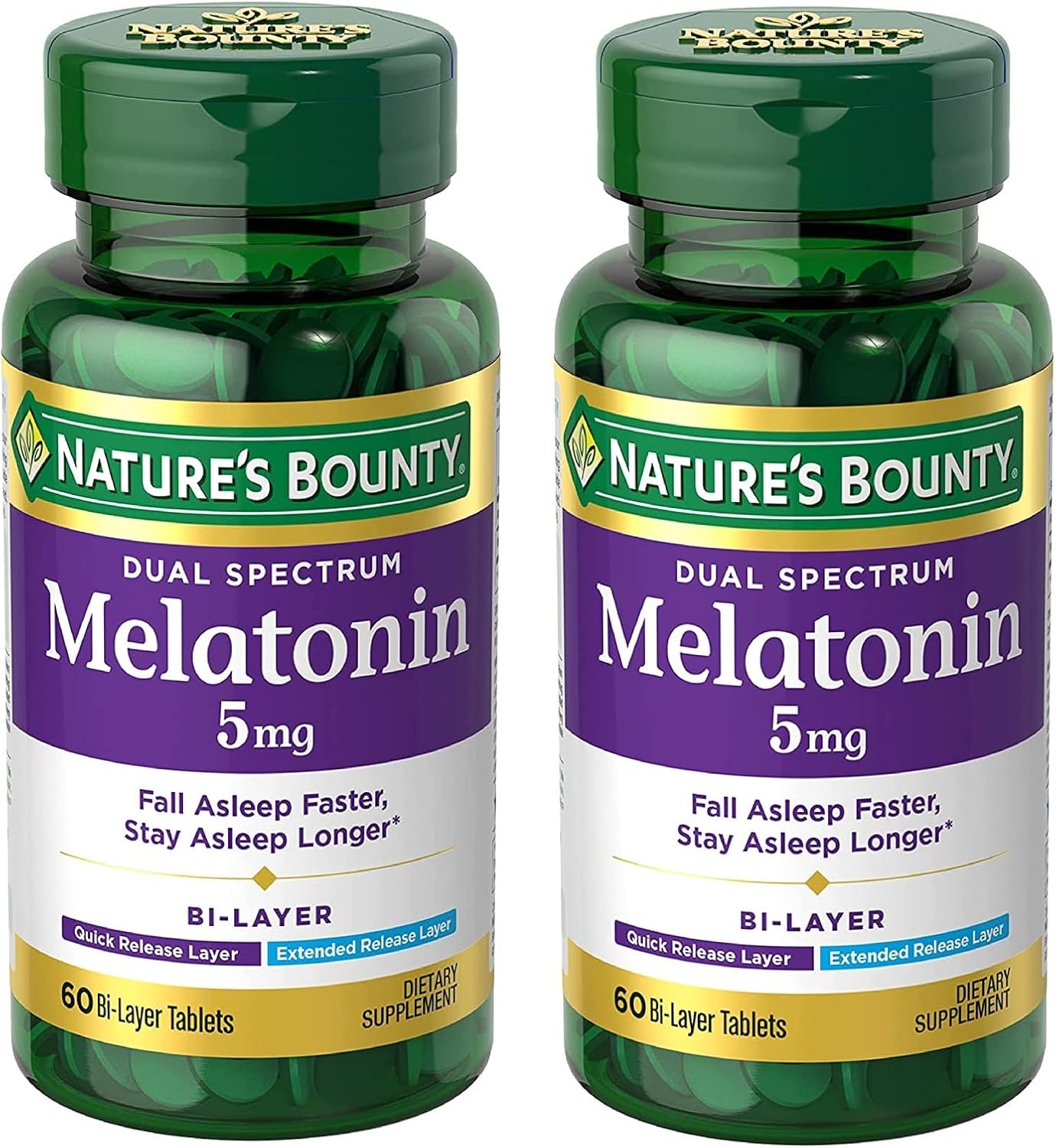 Nature'S Bounty Melatonin 5Mg Dual Spectrum, 100% Drug Free Sleep Supplement, Quick Release And Extended Release, Promotes Relaxation And Sleep Health, 60 Bi-Layer Tablets (Pack Of 2)