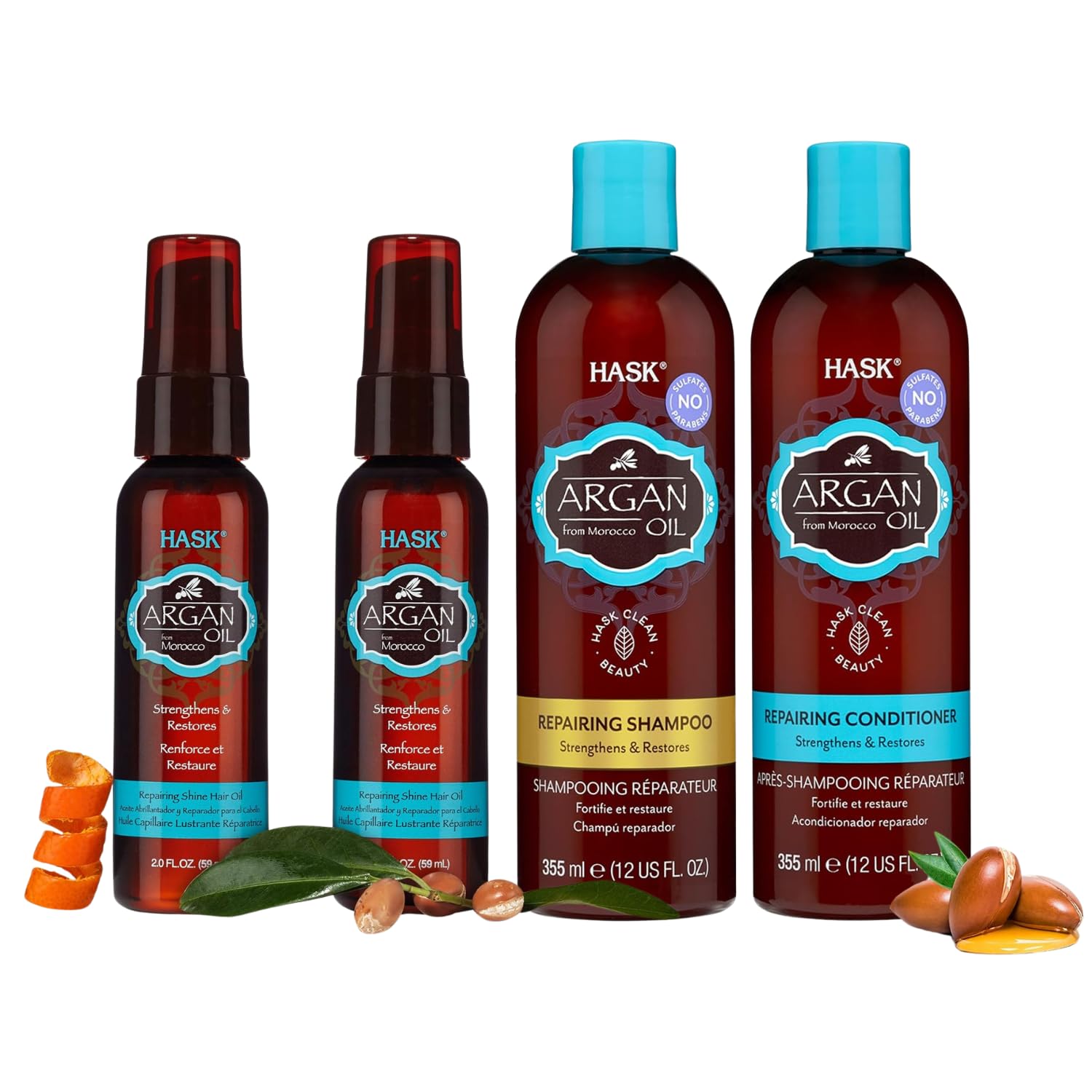 Hask Argan Restoring Set: 2 Argan Shine Hair Oil Vials And 1 Argan Shampoo And Conditioner Set