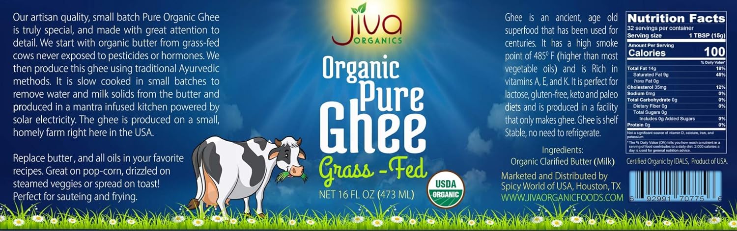 Organic Grass Fed Ghee 16 Ounce - Mantra Infused, Traditional Ayurvedic Method - Non GMO Pasture Raised - By Jiva Organics : Grocery & Gourmet Food