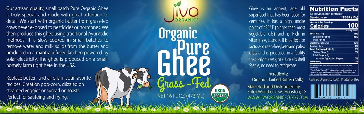 Organic Grass Fed Ghee 16 Ounce - Mantra Infused, Traditional Ayurvedic Method - Non Gmo Pasture Raised - By Jiva Organics : Grocery & Gourmet Food
