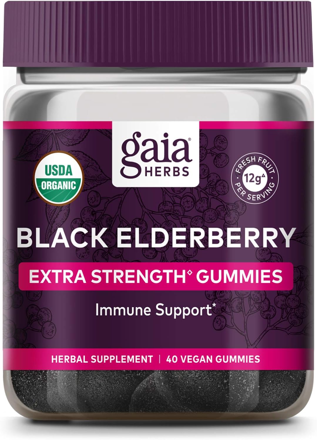 Gaia Herbs Black Elderberry (Sambucus Nigra) Extra Strength Gummies - Delicious Immune Support Supplement - Made With Certified Organic Black Elderberries For Immune System Support - 40 Gummies
