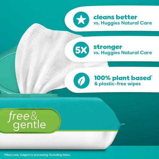 Pampers Free & Gentle Baby Wipes, 99% Water, Hypoallergenic, Unscented, 100% Plant Based, Plastic-Free Baby Wipes, 624 Baby Wipes Total (8 Flip-Top Packs)