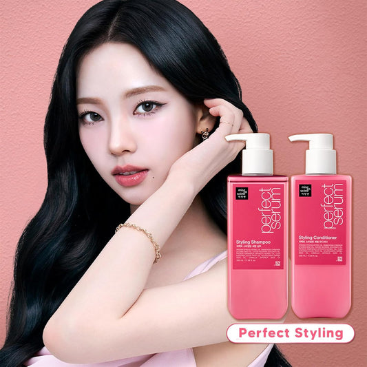 Mise En Scene Perfect Styling Serum Shampoo And Conditioner Set - Korean Damaged Hair Care With Morocco Argan Oil, Powdery Floral Scent, Nourishing