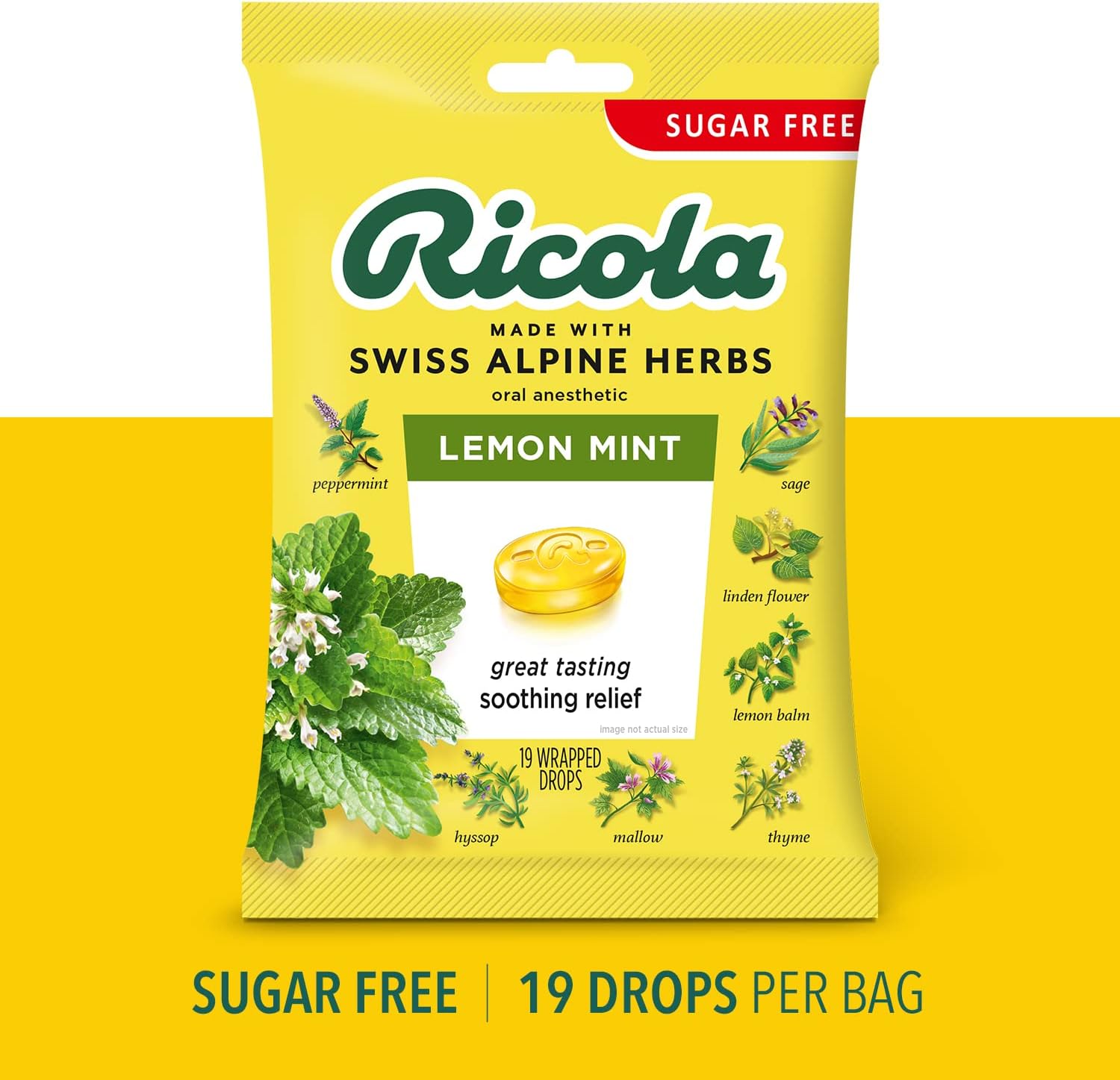 Ricola Sugar Free Lemon Mint Herbal Cough Suppressant Throat Drops, 19ct Bag