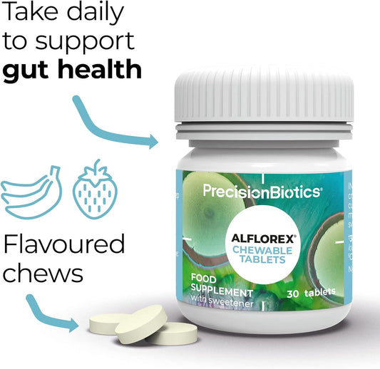Alflorex Chewable - Daily Gut Health Probiotics Supplement With Unique Bifidobacterium Longum Bacteria Strain 35624 - Bacterial Cultures - Strawberry & Banana Flavour - 30 Chewable Tablets