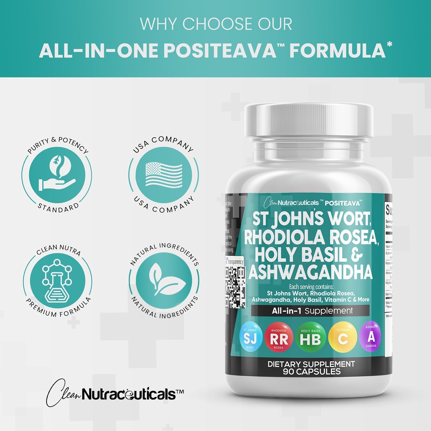 Clean Nutraceuticals St Johns Wort 10000mg Rhodiola Rosea 20000mg Holy Basil 3000mg Ashwagandha 6000mg - Mood Support for Women and Men with Vitamin C & Black Pepper Extract - 90 Caps : Health & Household