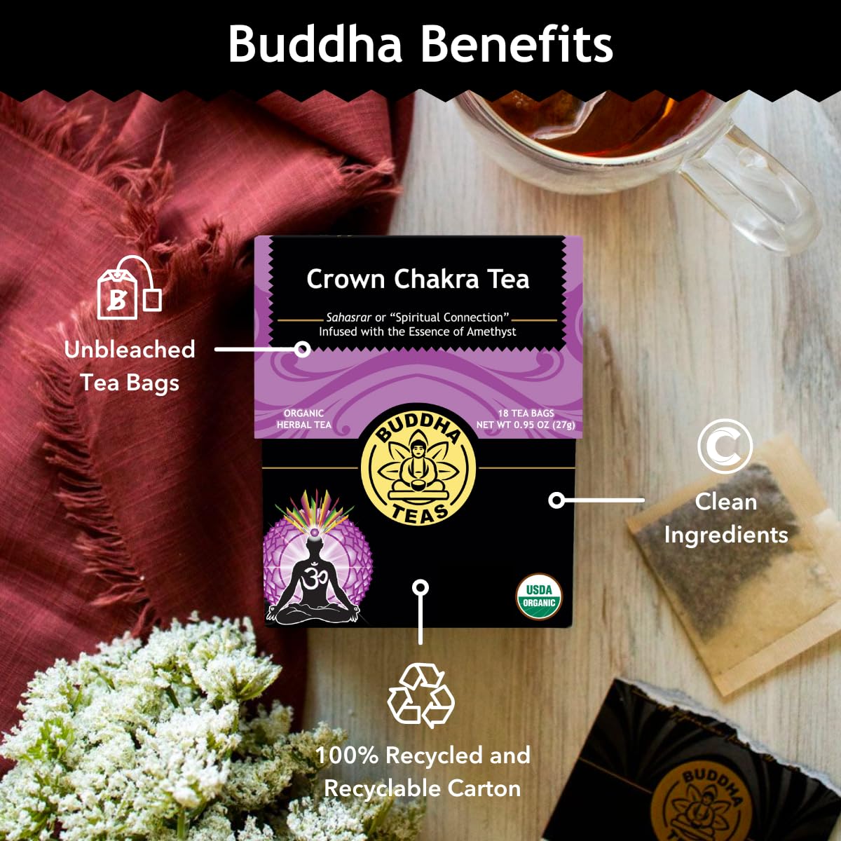 Buddha Teas - Crown Chakra Tea - Organic Herbal Tea - For Spiritual Connection - With Lavender, Gotu Kola Leaf, Rose Petal & Amethyst Essence - 100% Kosher - 18 Tea Bags (Pack Of 1)