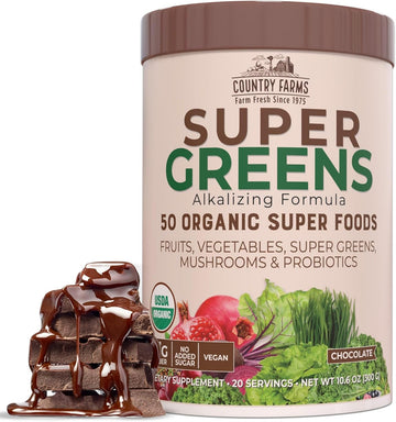 Country Farms Super Greens Chocolate Flavor, 50 Organic Super Foods, Usda Organic Drink Mix, Fruits, Vegetables, Super Greens, Mushrooms & Probiotics, Supports Energy, 20 Servings, 10.6 Oz