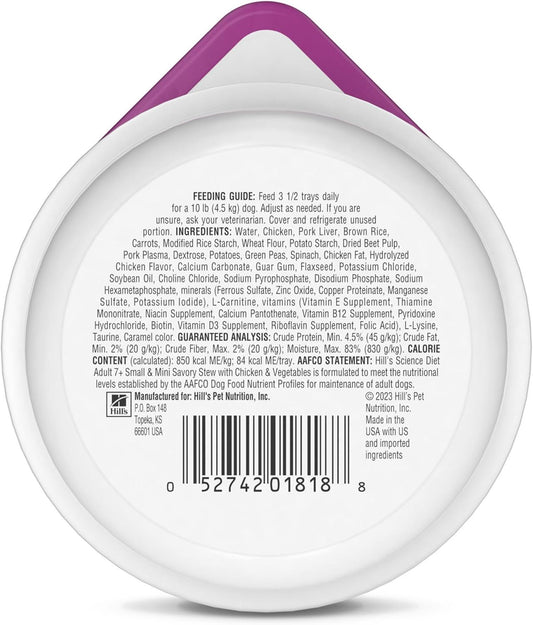 Hill'S Science Diet Small & Mini, Senior Adult 7+, Small & Mini Breeds Senior Premium Nutrition, Wet Dog Food, Chicken & Vegetables Stew, 3.5 Oz Tray, Case Of 12