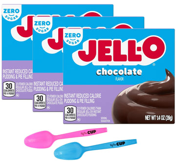 Jell-O Zero Sugar Chocolate Instant Pudding & Pie Filling Mix 1.4 oz Box (Pack of 3) with Mood Spoons